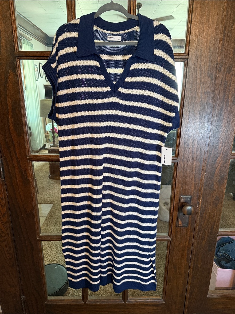 Sonoma Goods For Life Womens XL Navy White Striped Polo Knit Midi Dress‎ NWT